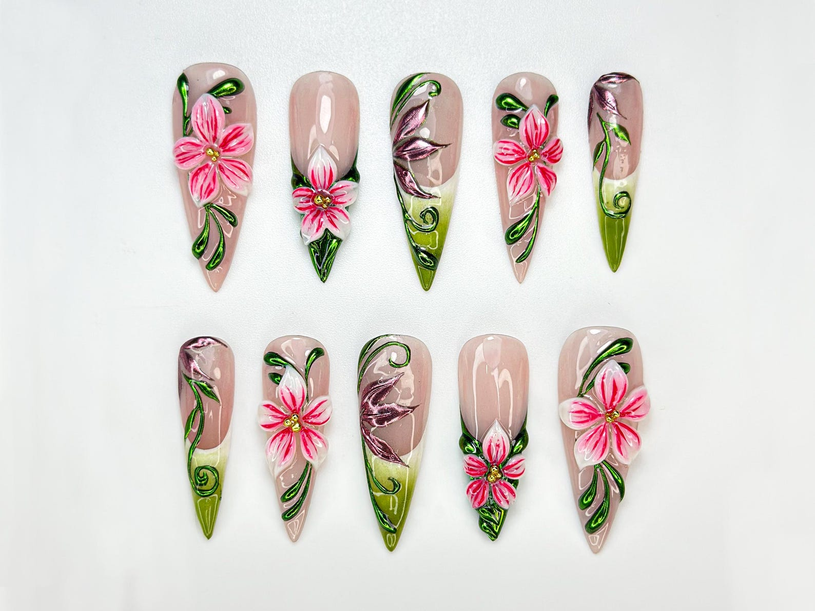 Garden Fantasy Press On Nails | 3D Pink Flower & Leaf Nails | Handmade Botanical Nail Art | Nature-Inspired | Vibrant Floral Nail | OC993HK