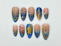 Luxury Navy Gold Press On Nails. Mystic Galaxy Floral Nails. Reusable Stiletto Nail with Gold Filigree and Shimmering Night Sky Art. OB307HC