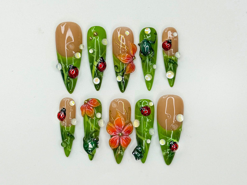 Green Floral Press On Nails with Ladybug and Pearl | 3D Nature Nails in Long Almond | Handmade Spring Nails for Wedding. Vacation | OB330N
