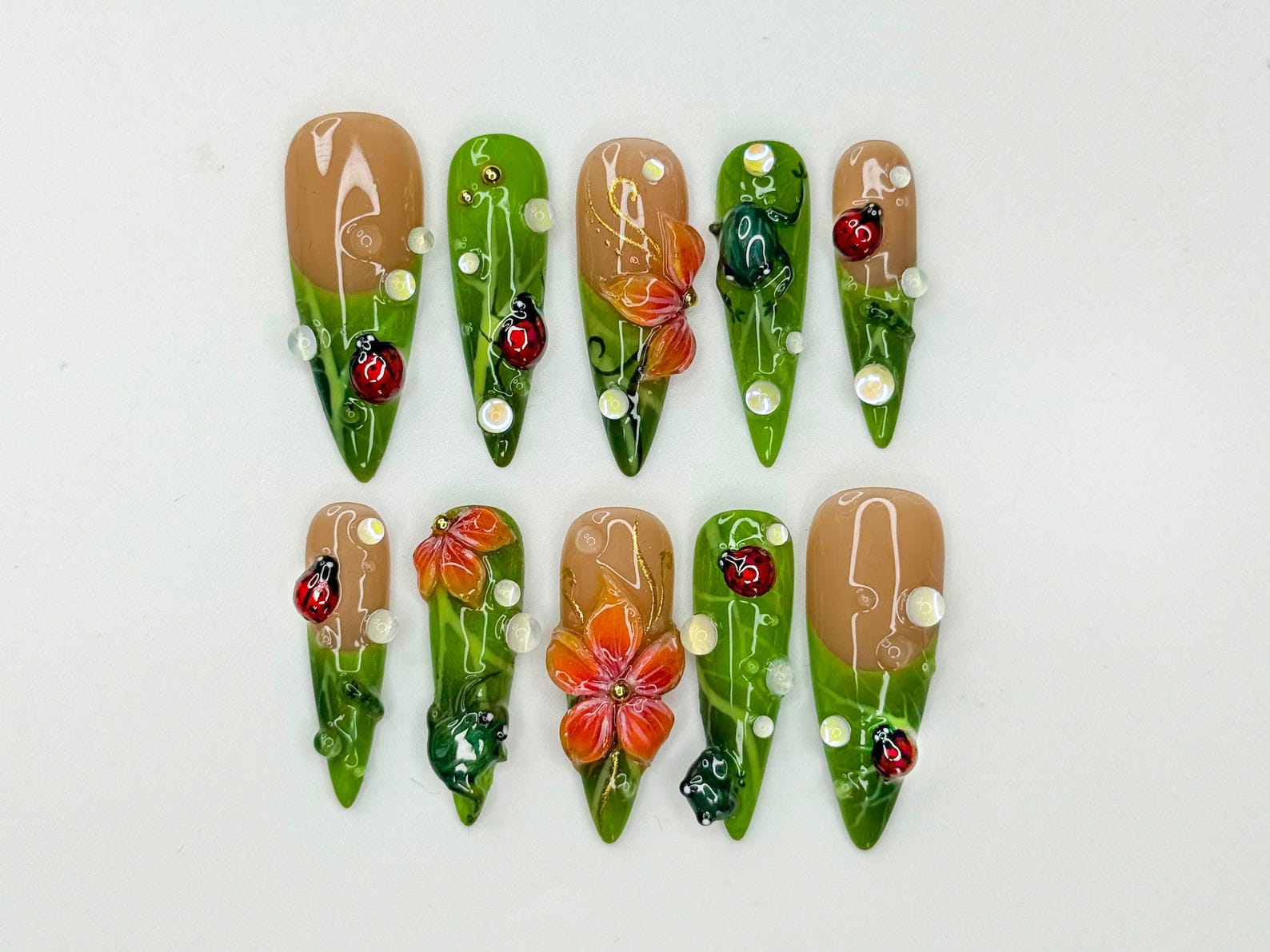 Green Floral Press On Nails with Ladybug and Pearl | 3D Nature Nails in Long Almond | Handmade Spring Nails for Wedding. Vacation | OB330N