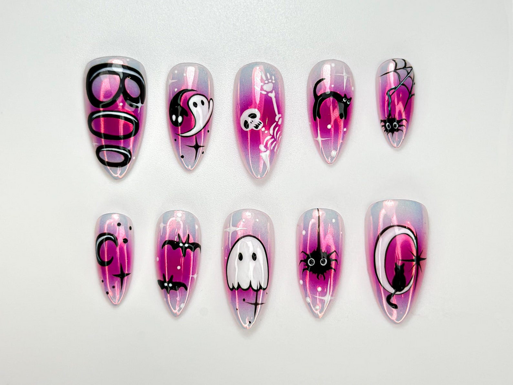 Cute Halloween Glow Press On Nails | Pink Spooky Ghost Nail Art | Glow in Dark Cat & Bat Nails | Adorable Halloween Press Ons | OC104HC