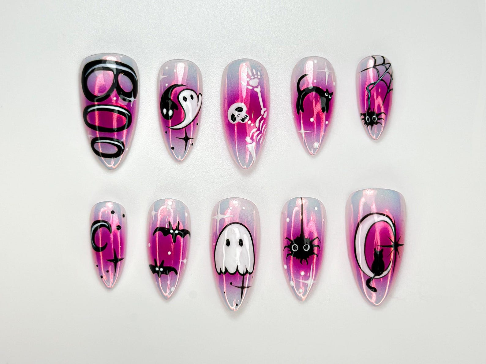 Cute Halloween Glow Press On Nails | Pink Spooky Ghost Nail Art | Glow in Dark Cat & Bat Nails | Adorable Halloween Press Ons | OC104HC