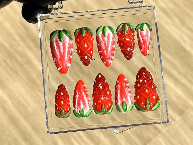 Juicy Strawberry Press On Nails | Summer 3D Fake nails| Free Style Summer Fruit Nail Art | Kawaii Nails | Cute Kawaii Press Ons | OB936YC