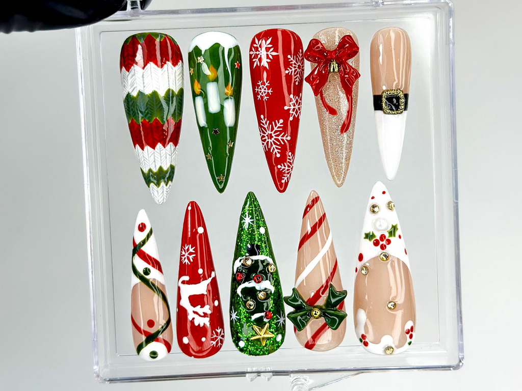 Cozy Knit Christmas Press On Nails | Red Green Holiday Nail Art |Festive Tree & Ribbon Design| Candy Cane And Snowflake Design | OB1195EK