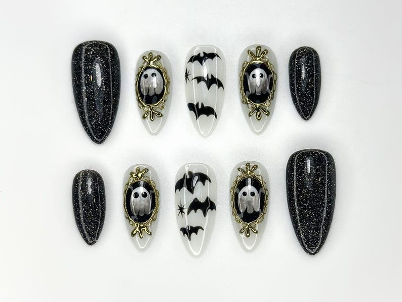 Haunted Mirror Ghost Nails | Gothic Halloween Press Ons | Black Glitter & Bat Nail Art | Handmade Spooky Black Set | OC1143BK