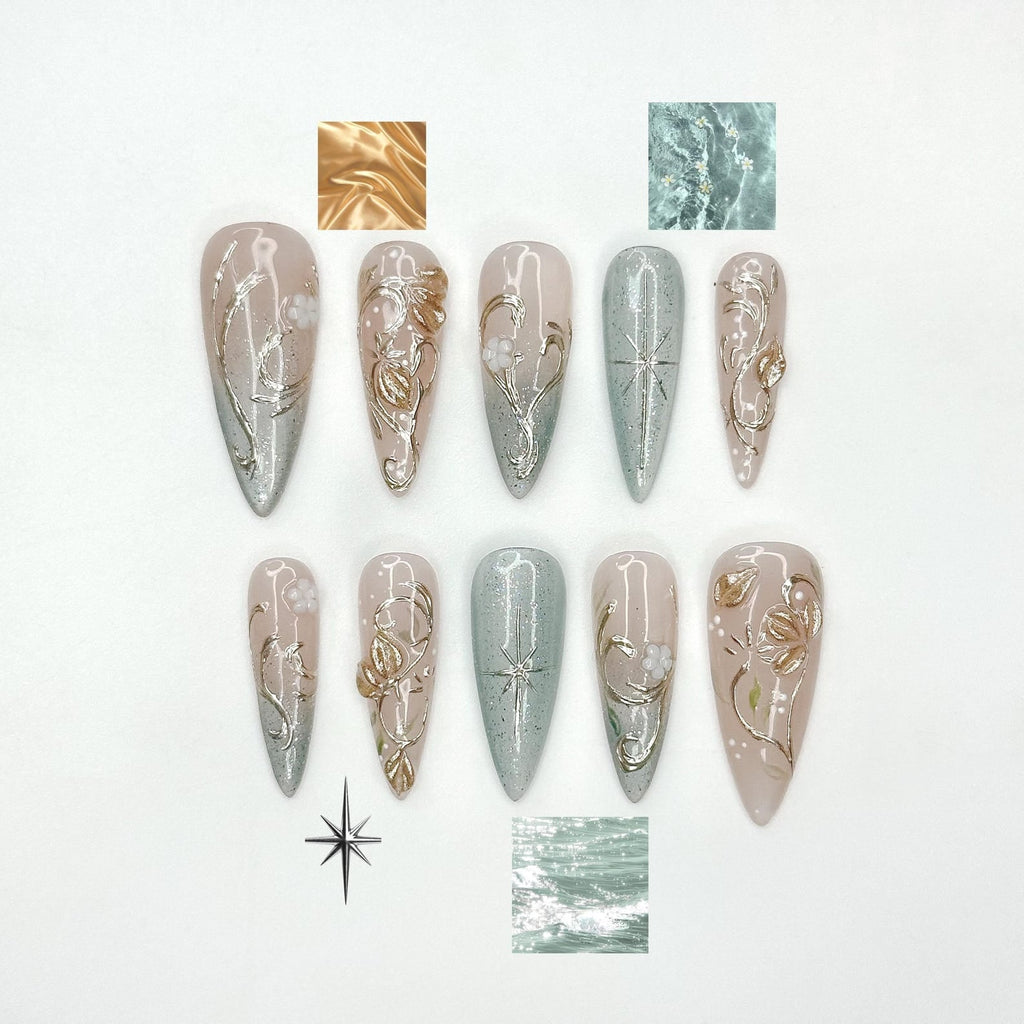 Elegant Gold Floral Cat eyes Nails | Nude Sage Blue Nails | Luxury Minimal Nails | Jasmin Flower Nails | Glossy Reusable Nails | OC339IC