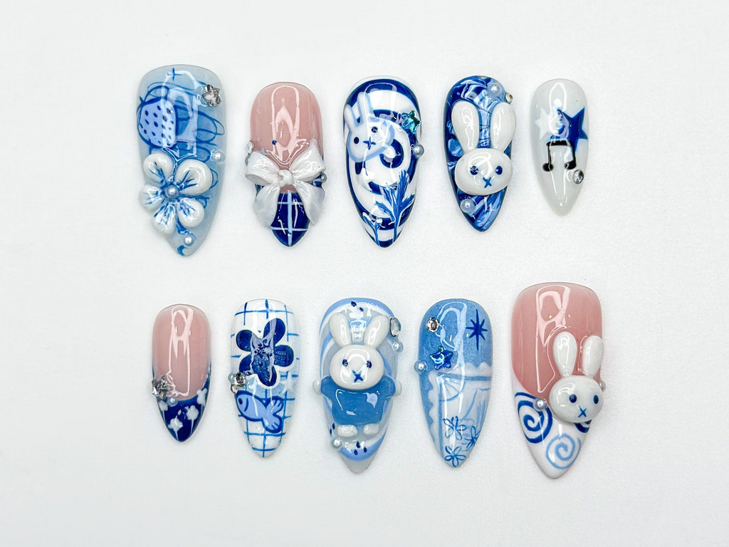 Blue Bunny Kawaii Press On Nails | 3D Rabbit Nails | Cute Cartoon Bunny Nails| Hand Painted Blue Aesthetic Nails | Easter Press Ons| OB321HC