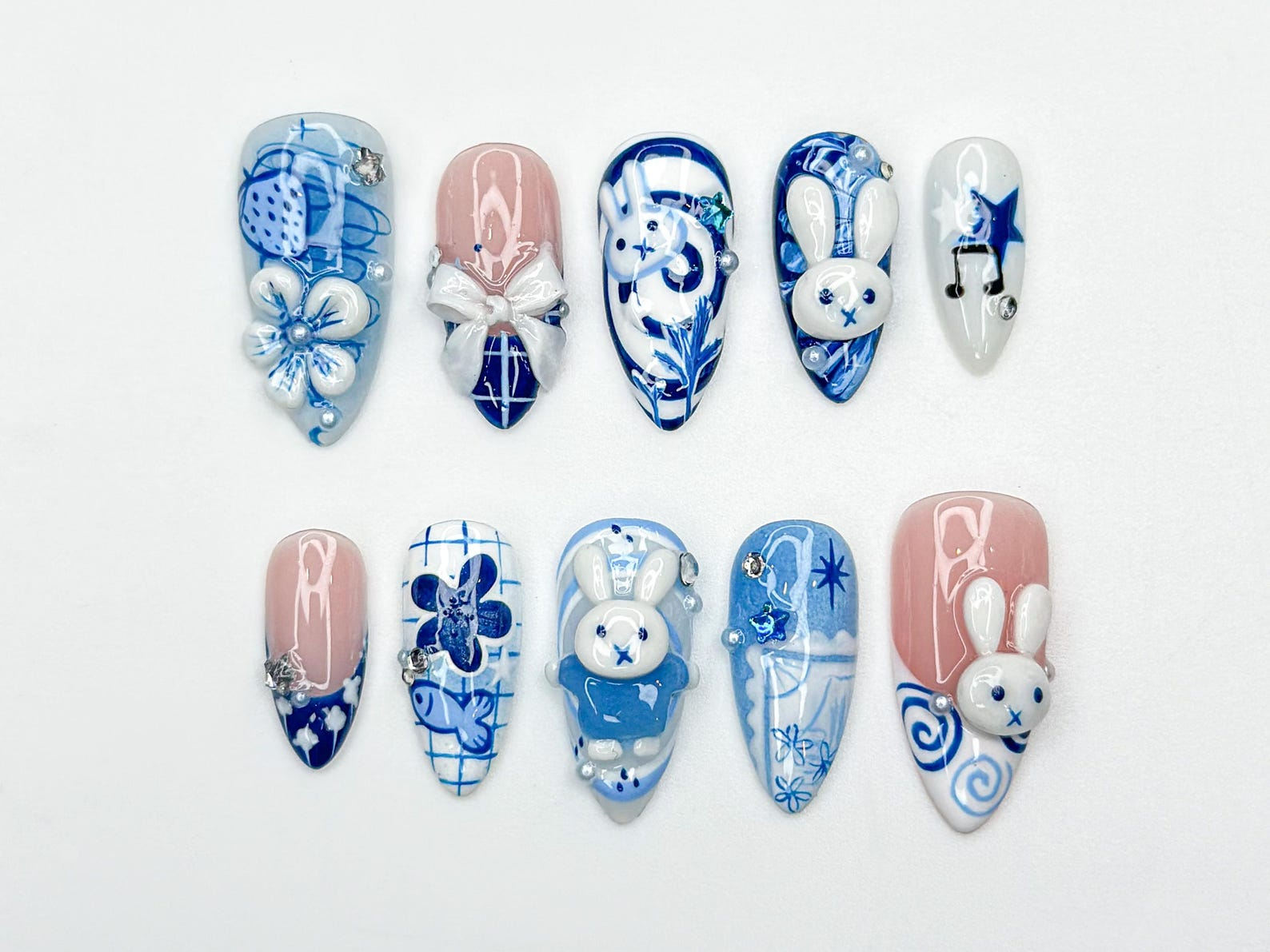 Blue Bunny Kawaii Press On Nails | 3D Rabbit Nails | Cute Cartoon Bunny Nails| Hand Painted Blue Aesthetic Nails | Easter Press Ons| OB321HC