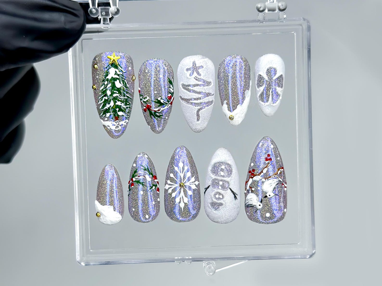 Silver Frost Christmas Press On Nails | 3D Snowman & Christmas Tree Nail Art | Frosted Birds and Winter Scene | OB1209EC