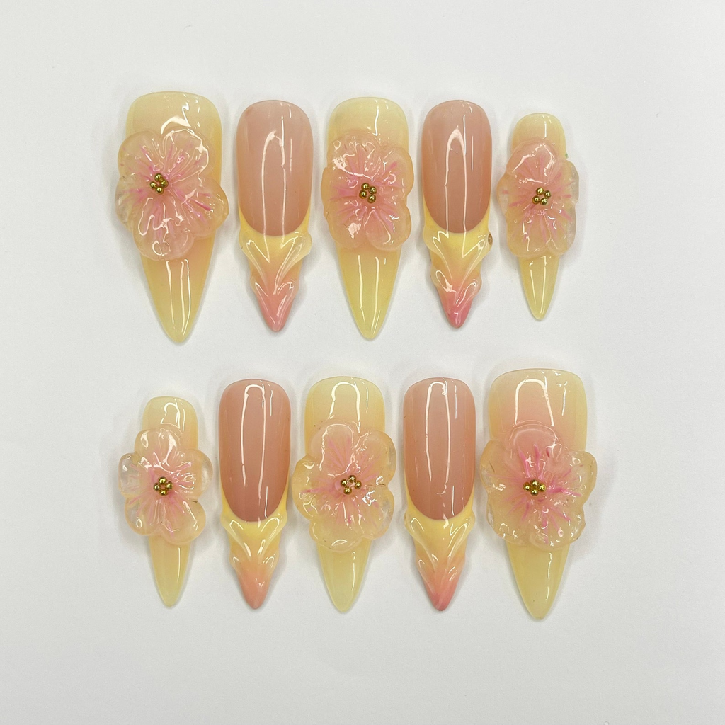 Fairy Dream Flower Garden Long Almond Press On Nails | 3D Gel Fairycore Fake Nails| Dreamy Nails for Birthday Vacation Holiday OC770L