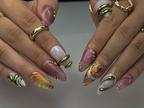 Aurora Gold Swirl Press On Nails | Holographic Iridescent Shell Nails | 3D Gold Chrome Accent Tips | Almond Shape Artistic Nails | OC1007EC