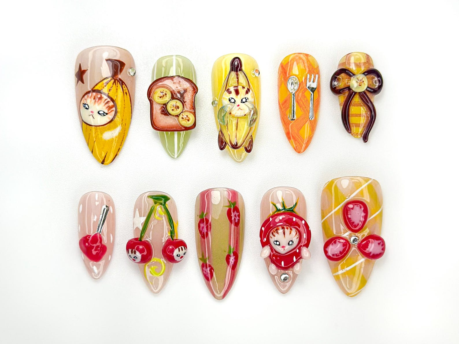 Banana Cat Press On Nails | Cute Fruit Nail Art | 3D Food Nails | Kawaii Handmade Press Ons | Quirky Character Nail Design | OB909HC