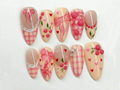 Press On Nails Adhesive Tabs – Cherry Heart & Pink Ribbon Nude Press On Nails. Handmade Valentine Fake Nails Sweet Romantic Nail Art | OB24L