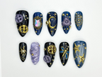 Cosmic Galaxy Press On Nails | Celestial Moon Star Nail Art | Dark Blue & Gold Mystical Nails | Opal Constellation Nail Design | OC860H
