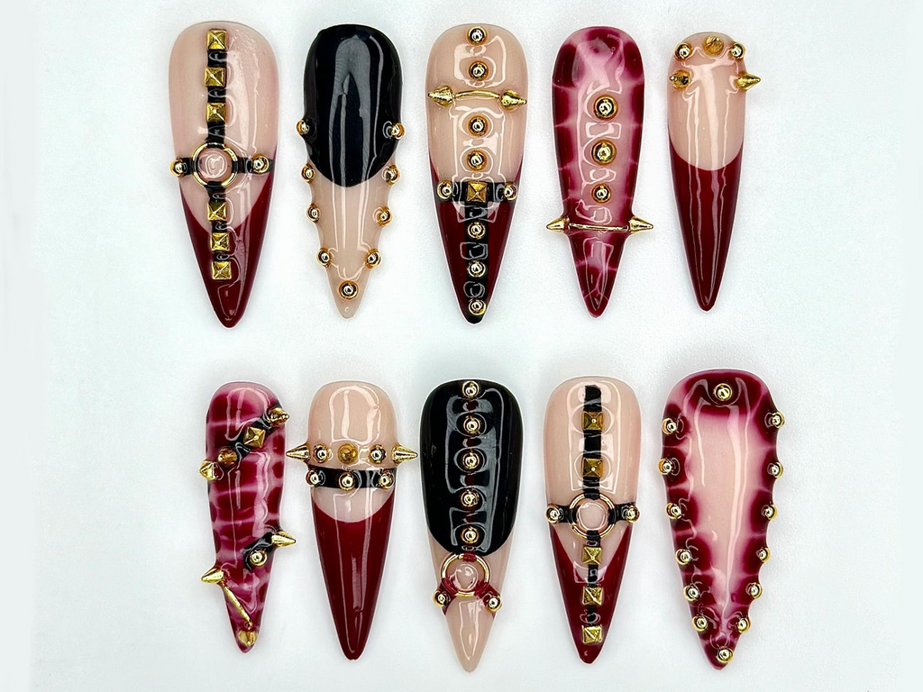 Handmade Gothic Press On Nails | Spiked. Studded Red & Black Nails | Punk Rock Statement Nail Art | OC968EP