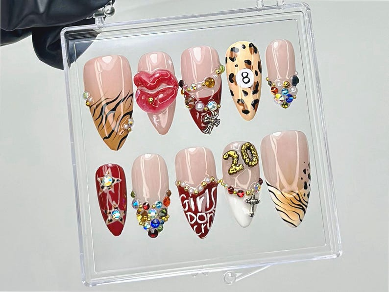 Leopard Rhinestone Press On Nails | Bold Animal Print Fake Nails | Girls Don't Cry Nail Art | 3D Lips & Crystal Press Ons |Nail Art |OB910YK