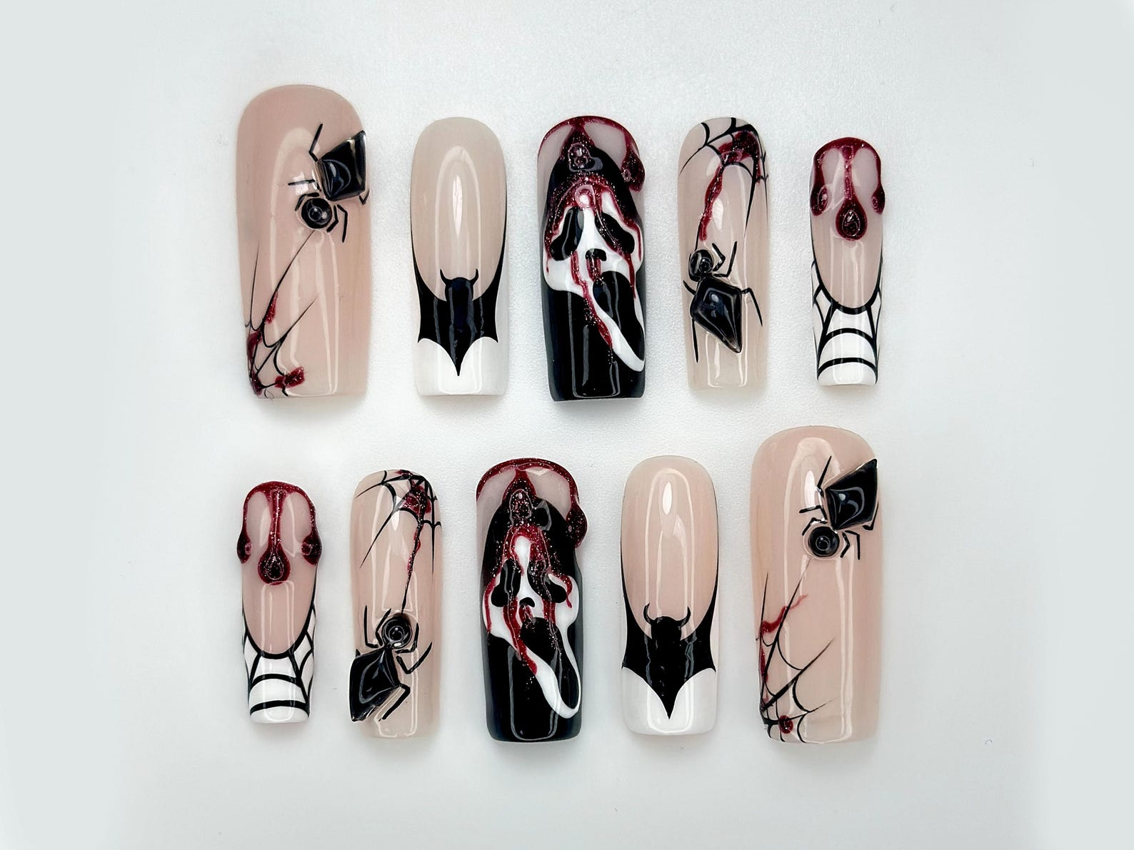 Gothic Spider Web Press On Nails | 3D Black Widow and Blood Drip Art | Scream Ghost & Webbed Bat Design | Halloween Horror Nail | OB980EC