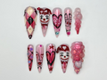 Gothic Valentine Clown Heart Press On Nails for Dark Romance Girls. Handmade Long Pink Chrome Fake Nails. Alternative Love Nail.OB278EC