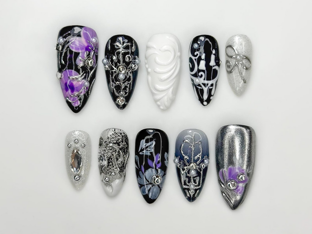 Gothic Violet Chrome Press On Nails | Black Silver Luxury Nails | 3D Baroque Floral Nails | Dark Elegant Nails | OC310HC
