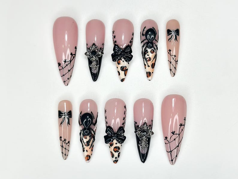 Vintage Halloween Leopard Press On Nails | Gothic Pumpkin & Spider Web Nail Art | Handmade Halloween Nail Set | Gothic Nail Set | OB180HC