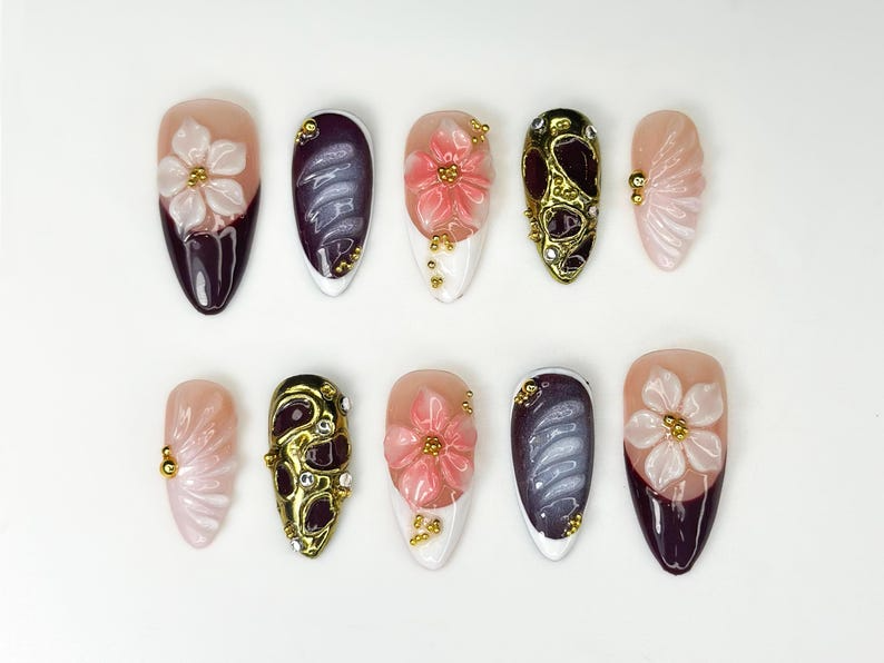 Burgundy Fall Press On Nails | 3D Pink & White Floral Nail Art | Handmade Statement Nail Design | Elegant Glam Press Ons | OC1086HK