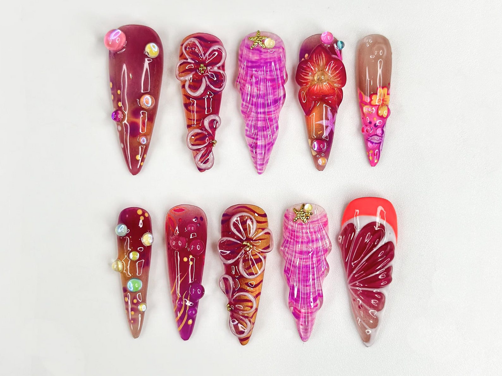Midnight Sun Aesthetic Press On Nails. 3D Purple Seashell and Hibiscus Floral Nails. Maximalist Tropical Y2K Luxury Fake Nails. OB1287HK