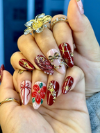 Floral Christmas Press On Nails | Red Gift Bow Nails | Luxury Winter Nail Art | Red Gold Holiday Nail Set | OB213EK