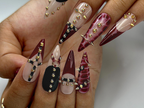 Gothic Punk Press On Nails | Red Marble & Studded Spiked Nail Art | Handmade Long Stiletto Nails | OC993EP