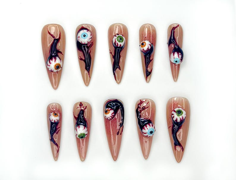 Haunted Eyes Press On Nails | Creepy 3D Eyeball Nail Art | Horror-Inspired Stiletto Nails | Handmade Spooky Halloween Set | OB1066EK