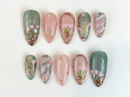 Vintage Tulip Press On Nails. Sage Green and Pink Marble Nails with Gold Rose Frame. Elegant Floral Hand-Painted Custom Nails. OB307HK