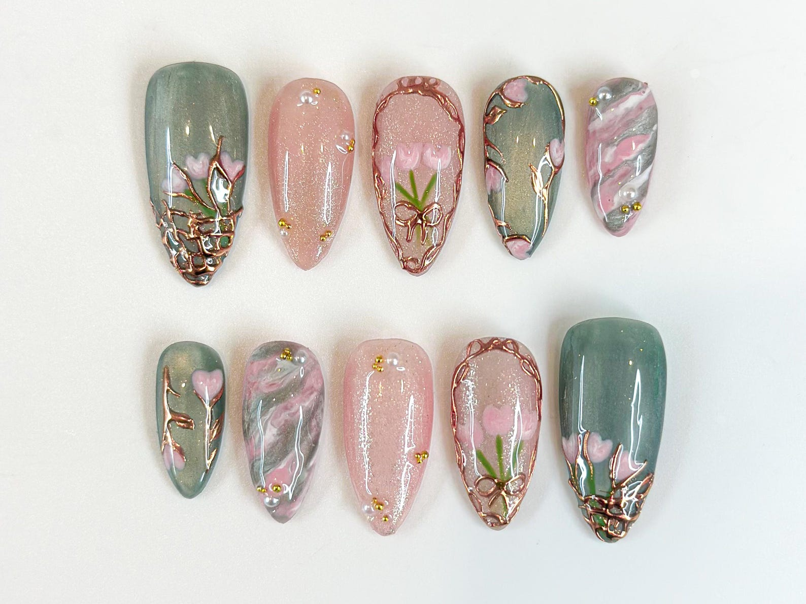 Vintage Tulip Press On Nails. Sage Green and Pink Marble Nails with Gold Rose Frame. Elegant Floral Hand-Painted Custom Nails. OB307HK