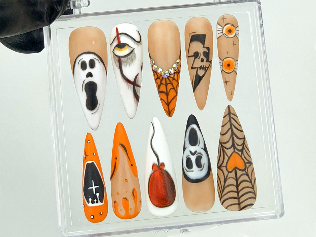 Gothic Halloween Press On Nails | Creepy Orange and Black Fake Nails | Unique Halloween Acrylic Nails | Ghost and Skull Nail Art | OB564YK