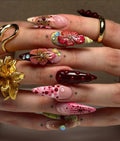 Handmade Burgundy Pink 3D Flower Star Dot Fantasy Press on Nails O18