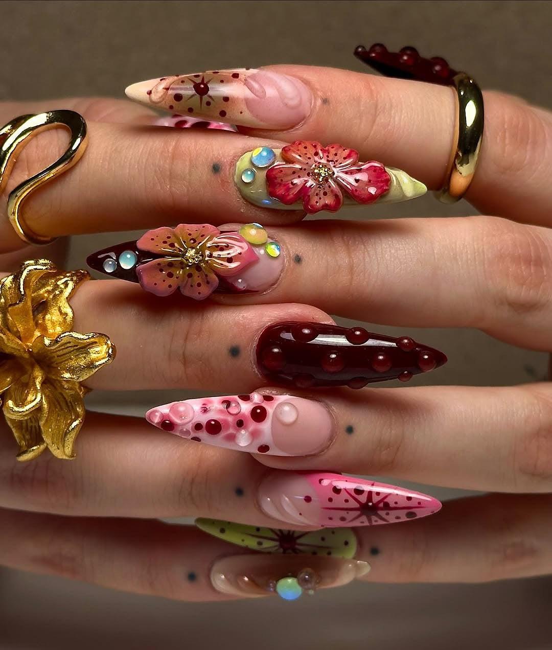 Handmade Burgundy Pink 3D Flower Star Dot Fantasy Press on Nails O18