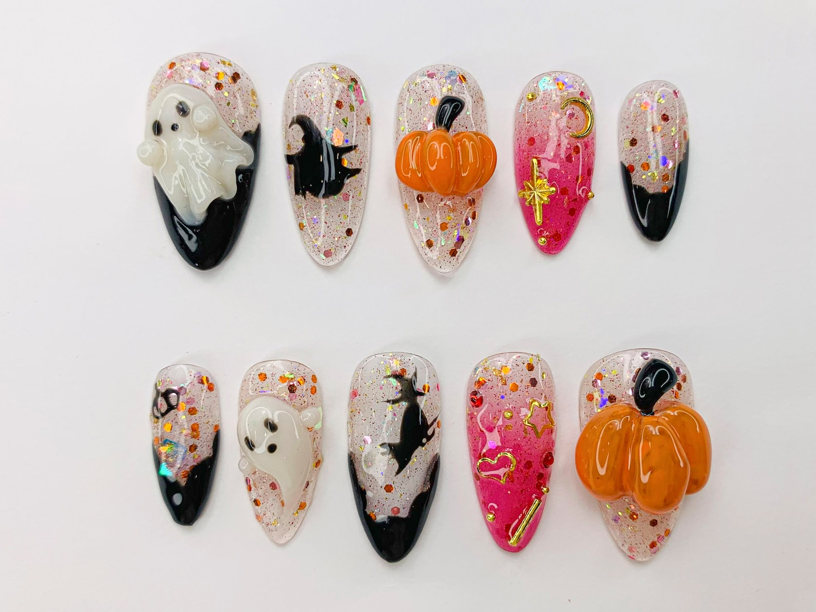 Spooky Halloween Ghost - Pumpkin Press-On Nails | 3D Nail Art for Halloween Party | Glitter Press-On Nails with Witch - Star Accents|OB486SC