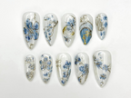 Blue Bloom Elegant Press On Nails | Chinese Luxury Floral Nails | Gold Wire Stiletto Nails | Clear Luxury Art Press Ons | OC299EC