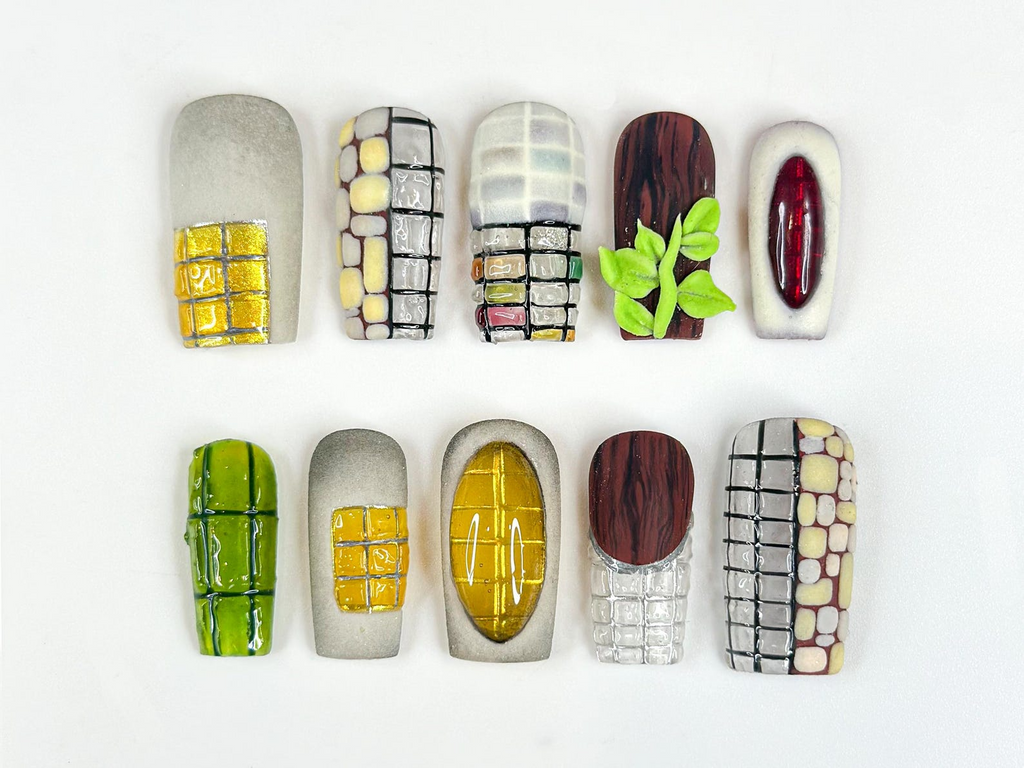 Abstract Texture Press On Nails. Mixed Media Artisan Nails with 3D Foliage. Handcrafted Gemstone and Mosaic Tile Reusable Nails. OB306HC