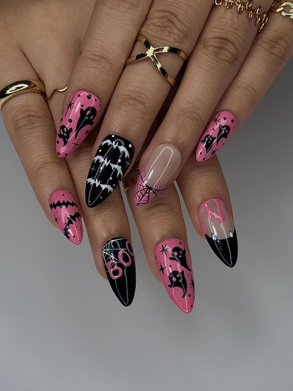 Pink Spooky Ghost Press On Nails | Cute Halloween Nail Art | Black & Pink Spiderweb Nail |Girly Gothic Press Ons |Creepy Cute Nail | OC144HC