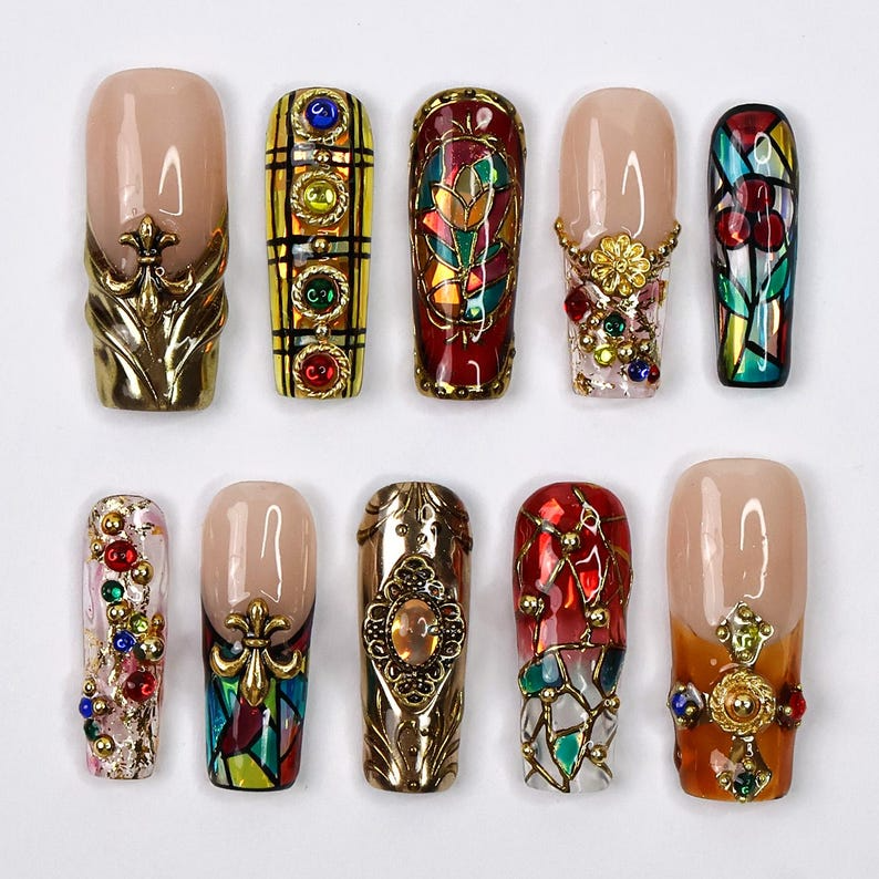 Handmade Baroque 3D Press-On Nails | Stained Glass Vitreaux Design | Long Square Gothic Fake Nails for Holiday. Vacation. Birthday | OB907L