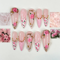 Pink Rose Press On Nails for Bridal | Handmade Rose Flower Nails with Pearls | Elegant Wedding Press Ons | Gold Frame Floral Nails | OB295HC