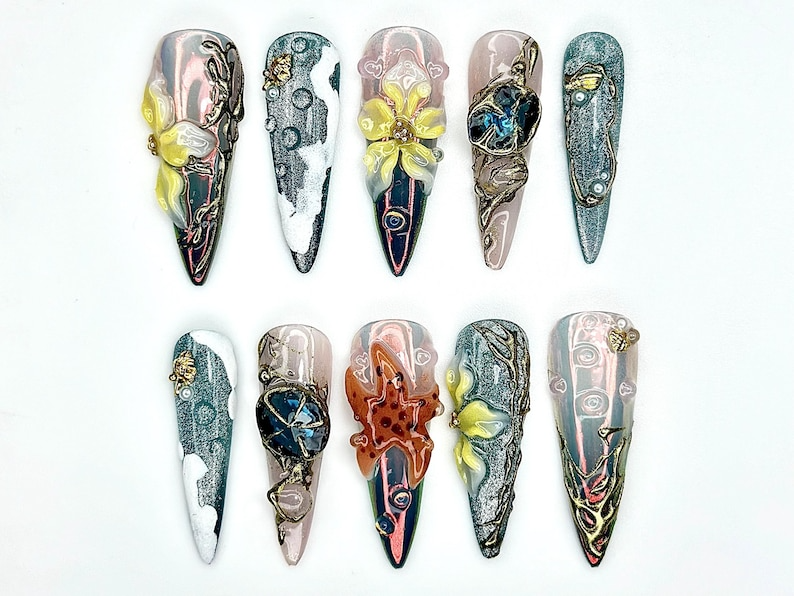 Mystical Forest Bloom Press On Nails | 3D Butterfly Vine Nail Art | Fantasy Nature Sculpted Nails | Metallic Galaxy Tips | OB955EK
