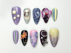 Whimsical Violet Press On Nails | 3D Cat & Orchid Nail Art | Abstract Swirl Gothic Pearl Nails | Handmade Nail Set| Artistic Nails | OB981HC