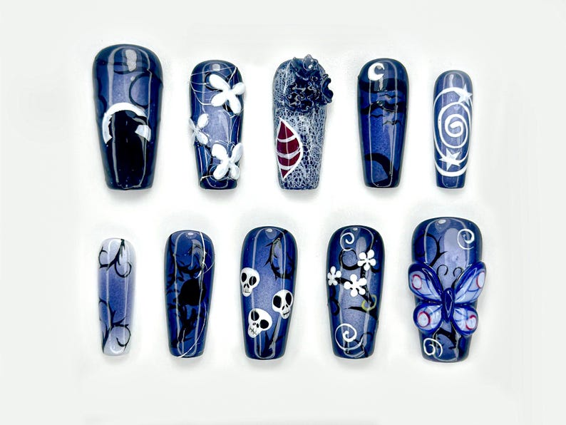 Midnight Gothic Butterfly Press On Nails | Dark Blue Fantasy Nail Art | 3D Butterfly. Skulls & Floral Accents | OC140EC