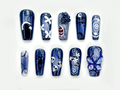 Midnight Gothic Butterfly Press On Nails | Dark Blue Fantasy Nail Art | 3D Butterfly. Skulls & Floral Accents | OC140EC
