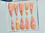 Sunset Blossom Whisper Press On Nails | 3D Pastel Flower Nail Art | Elegant Nude & Coral Tones | Handcrafted Ombre Floral Nails |OC999EK