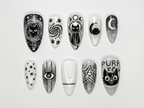 Cosmic Black Cat Press On Nails | Gothic Cat Nail Art | Moon Star Astrology Nails | Witchy Black White Press Ons | Mystic Nail Set | OB263H
