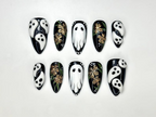 Midnight Ghost Garden Press On Nails | 3D White Ghost Nail Art | Black & Gold Floral Halloween Set | Handmade Spooky Long Nails | OB1081EK