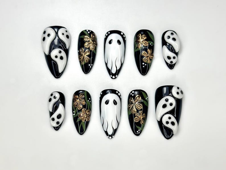 Midnight Ghost Garden Press On Nails | 3D White Ghost Nail Art | Black & Gold Floral Halloween Set | Handmade Spooky Long Nails | OB1081EK