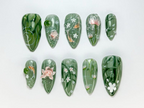 Green Forest Koi Press-On Nails | Handmade Koi Fish Nail Set | Green Floral & Marble Press-Ons | Glossy Press-On Nail Set | OB723HK