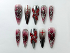 Gothic Blood Red Press-On Nails | Edgy Black And Red Press-Ons | Gothic Press-On Set | Cyberpunk & Gothic Nails | OB726HC
